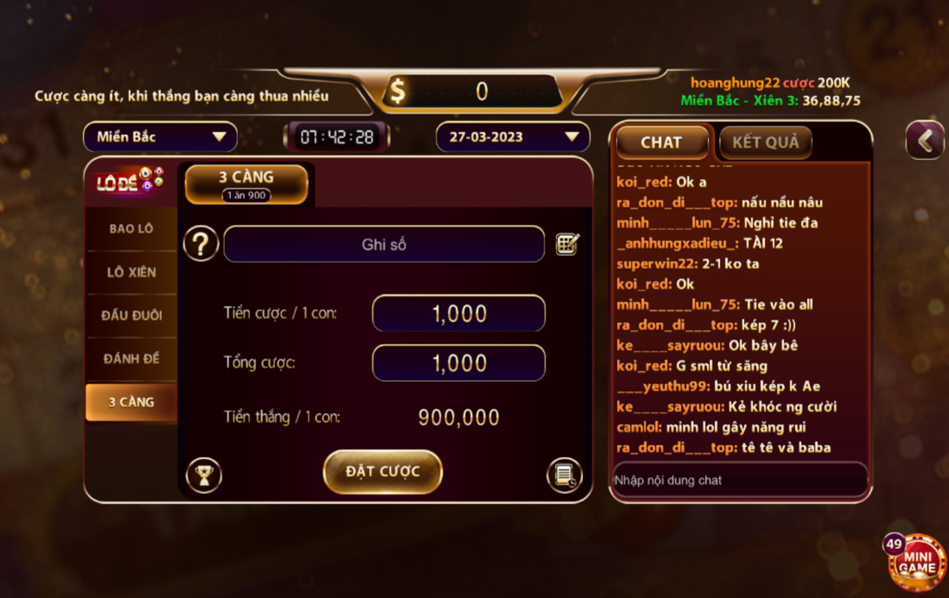 Tỷ lệ ăn thưởng khi tham gia lô 3 càng tại cổng game Nhatvip