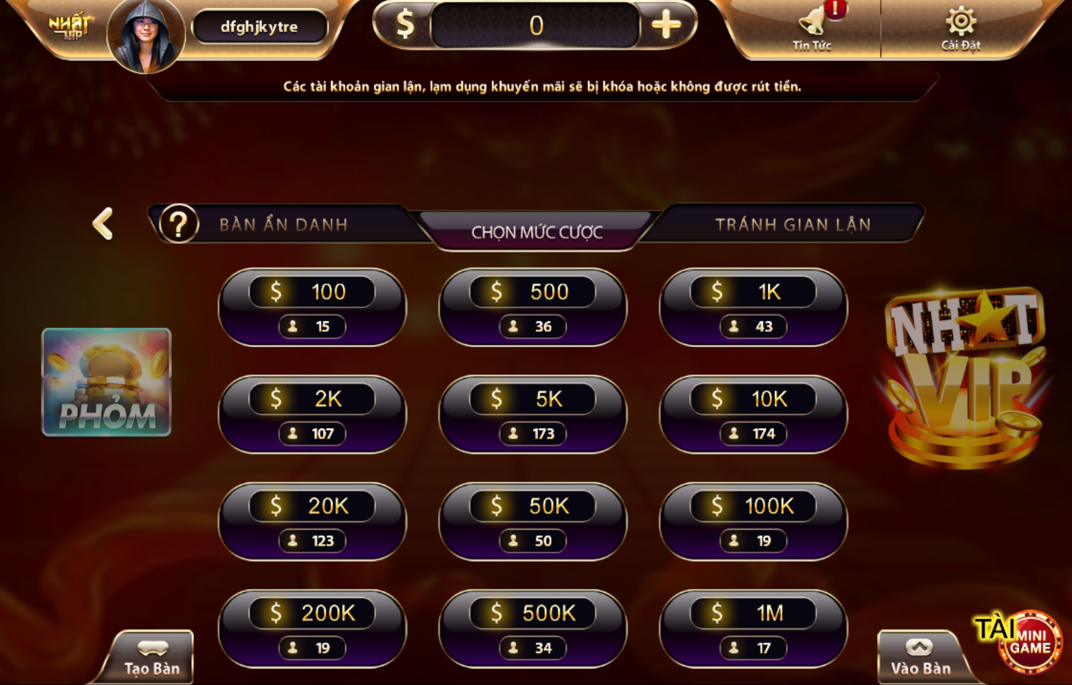 Khuyến mãi game bài Phỏm hấp dẫn khi tai Nhat vip tham gia